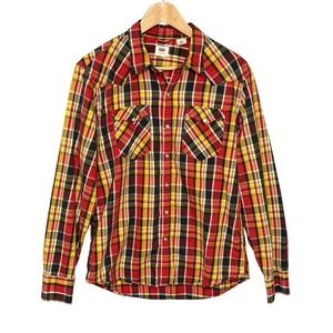 Levis Mens Plaid Pearl Snap Button Up Shirt Size L Red Black Long Sleeve Western
